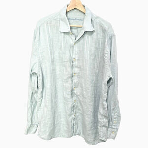 Tommy‎ Bahama Relax 100% Linen Aqua Blue Long Sleeve Shirt Large Vacation Beach